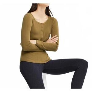 Uniqlo Waffle Henley Neck Long Sleeve T-Shirt Beige XS